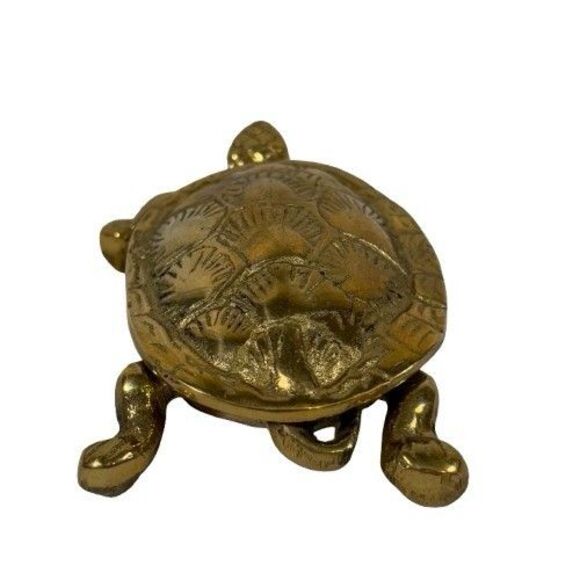 Solid Brass Turtle Trinket Jewelry Box Ashtray Hinged Lid Antique Vintage MCM - Picture 5 of 11